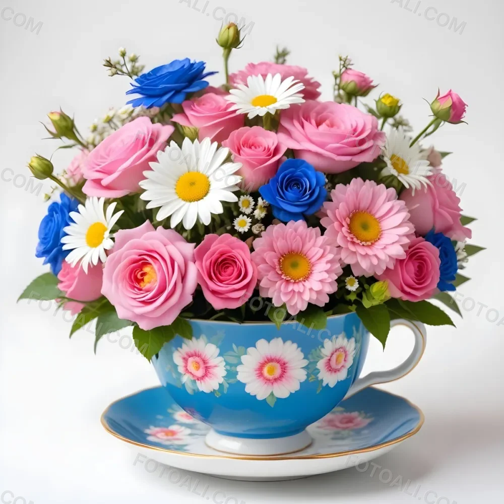 A Blue And White Teacup Filled With Pink Roses White Daisies And Other Colorful Flowers Against A White Background 36 01f0