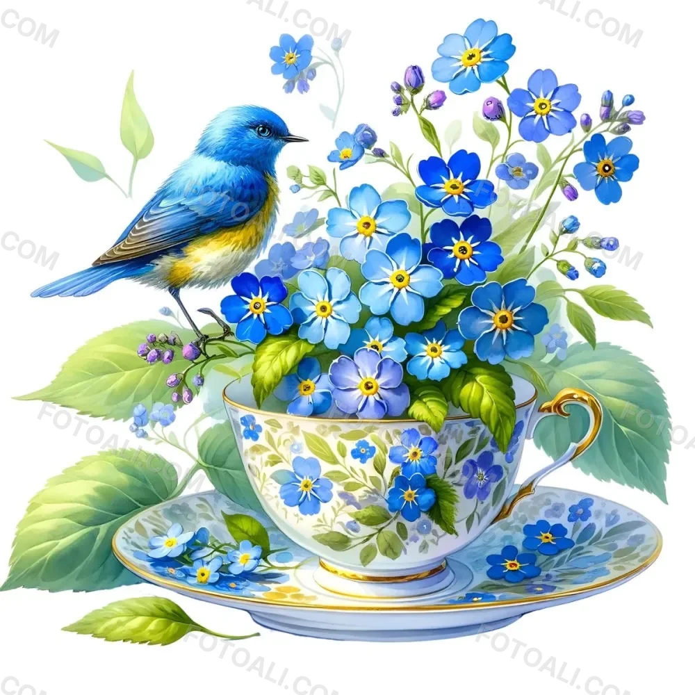 A Blue And White Teacup Filled With Pink Roses White Daisies And Other Colorful Flowers Against A White Background 37 1760