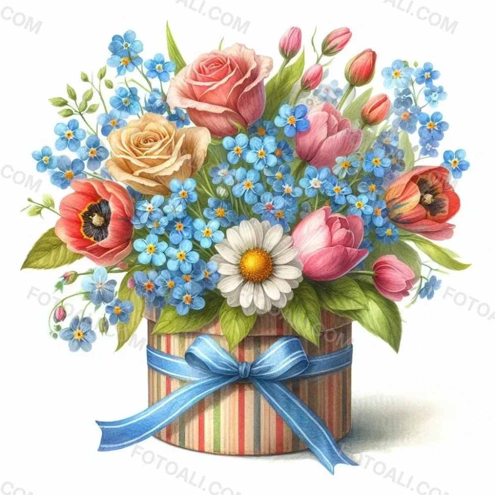 A Blue And White Teacup Filled With Pink Roses White Daisies And Other Colorful Flowers Against A White Background 39 003b