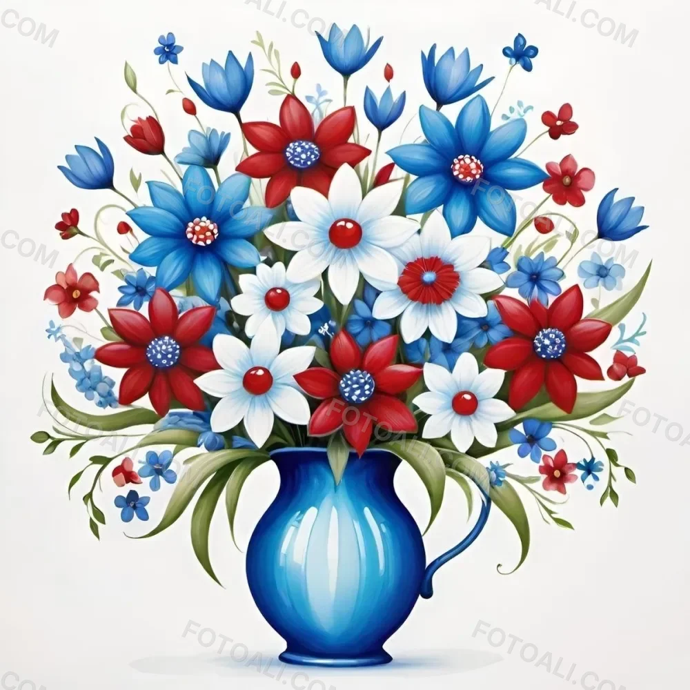 A Blue And White Teacup Filled With Pink Roses White Daisies And Other Colorful Flowers Against A White Background 40 5b9d