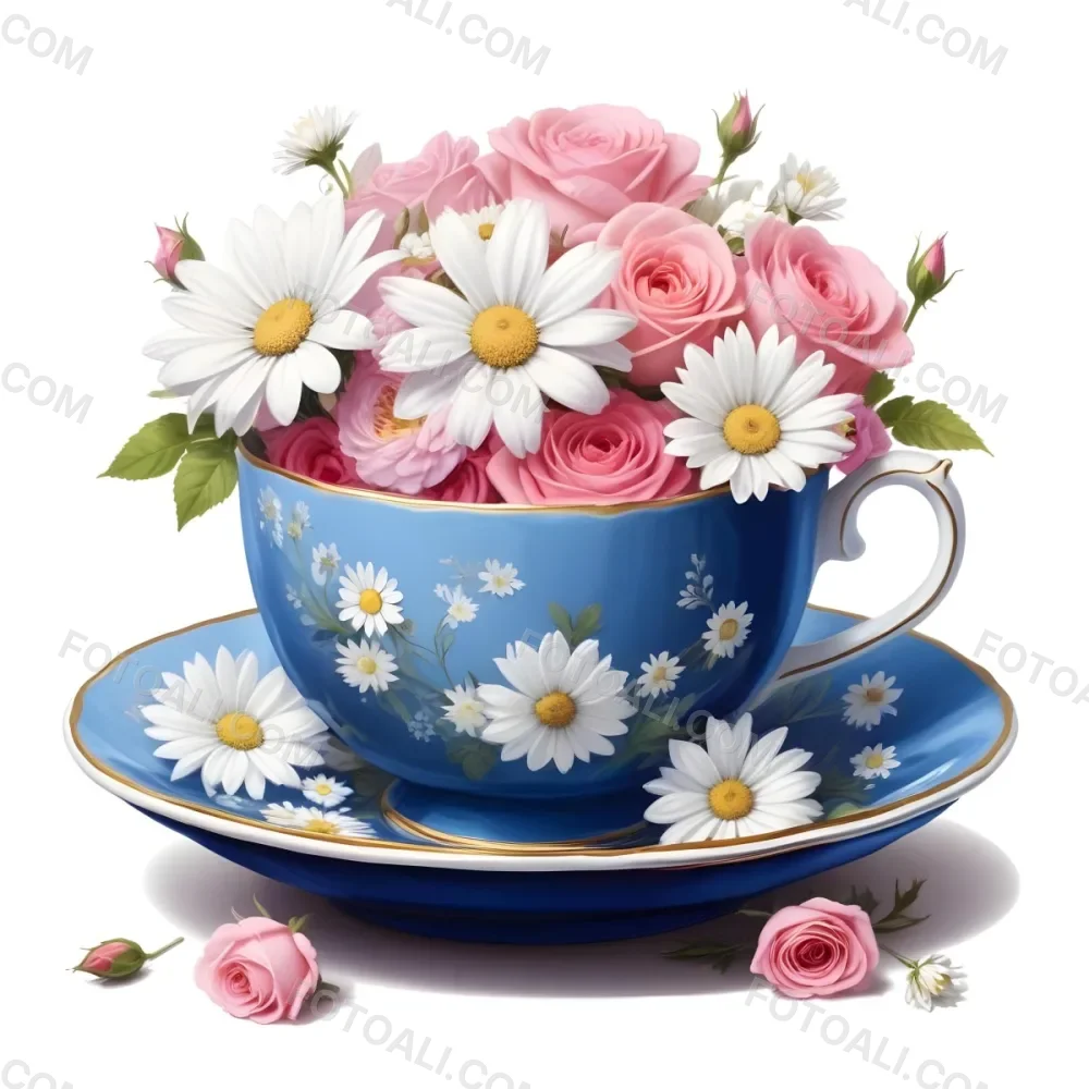 A Blue And White Teacup Filled With Pink Roses White Daisies And Other Colorful Flowers Against A White Background 5 9578