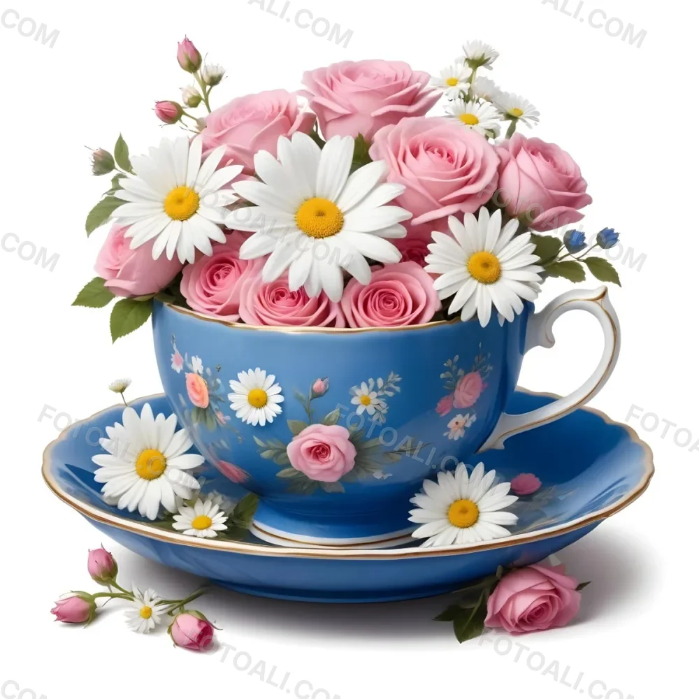 A Blue And White Teacup Filled With Pink Roses White Daisies And Other Colorful Flowers Against A White Background 6 4e9f