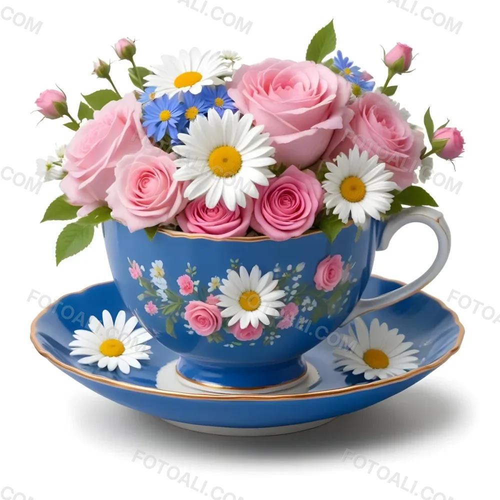 A Blue And White Teacup Filled With Pink Roses White Daisies And Other Colorful Flowers Against A White Background 7 2174