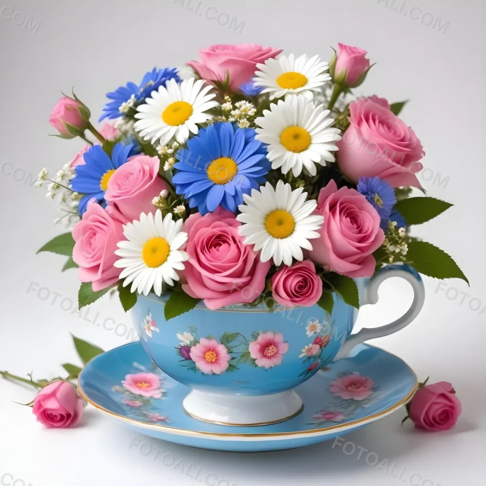A Blue And White Teacup Filled With Pink Roses White Daisies And Other Colorful Flowers Against A White Background 9 73c5