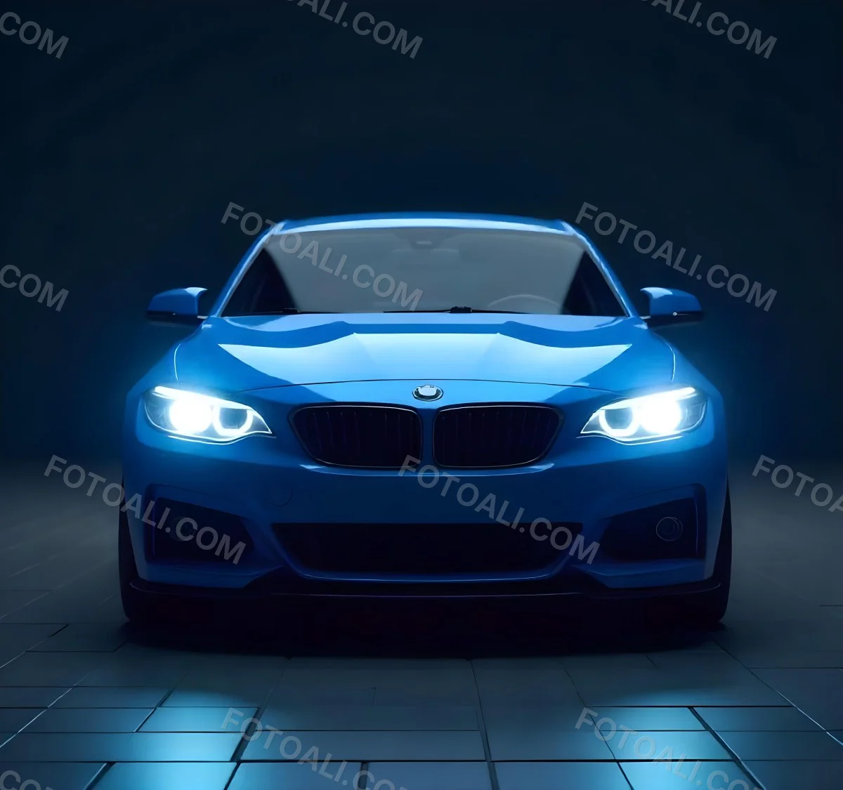 A Blue Car With Its Headlights On In A Dark Background The Headlights Are Bright And Blue The Car Is Facing Forward 15 1e4e