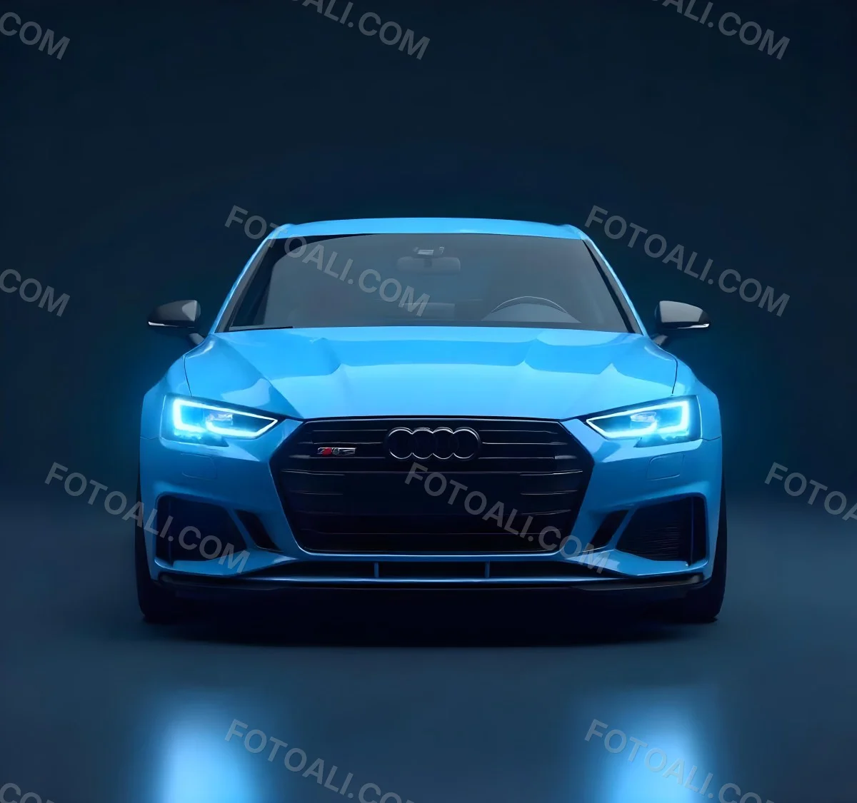 A Blue Car With Its Headlights On In A Dark Background The Headlights Are Bright And Blue The Car Is Facing Forward 17 42f3
