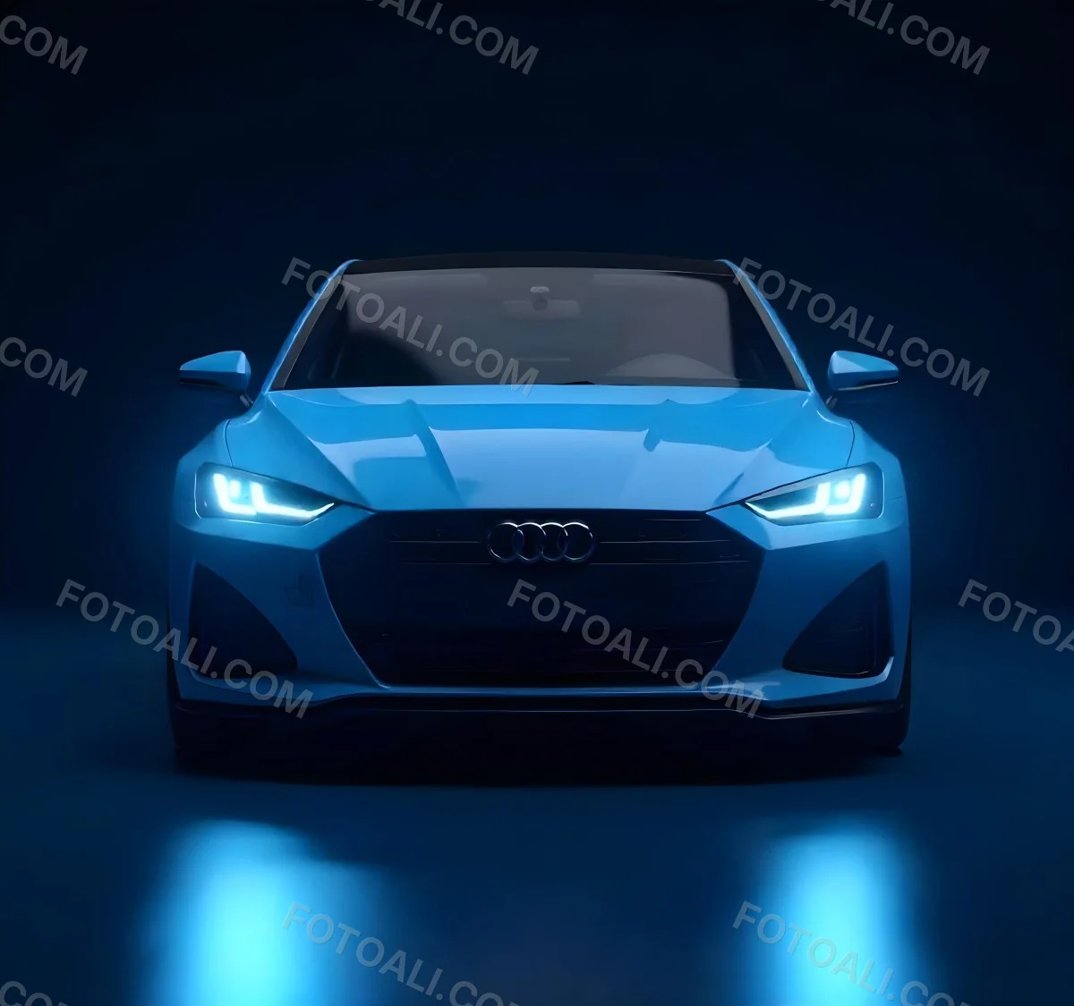 A Blue Car With Its Headlights On In A Dark Background The Headlights Are Bright And Blue The Car Is Facing Forward 19 E8ea