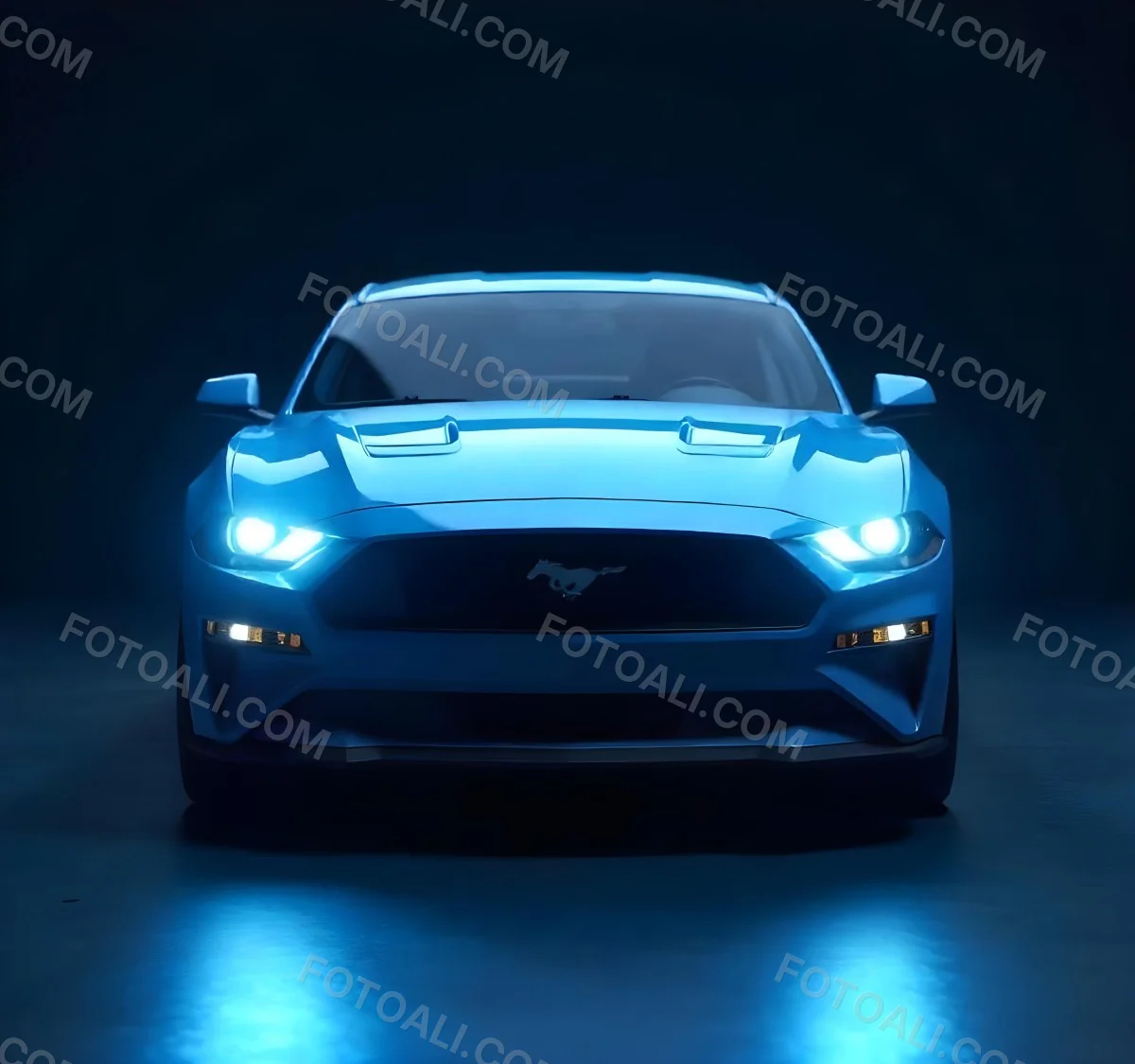 A Blue Car With Its Headlights On In A Dark Background The Headlights Are Bright And Blue The Car Is Facing Forward 21 F17e