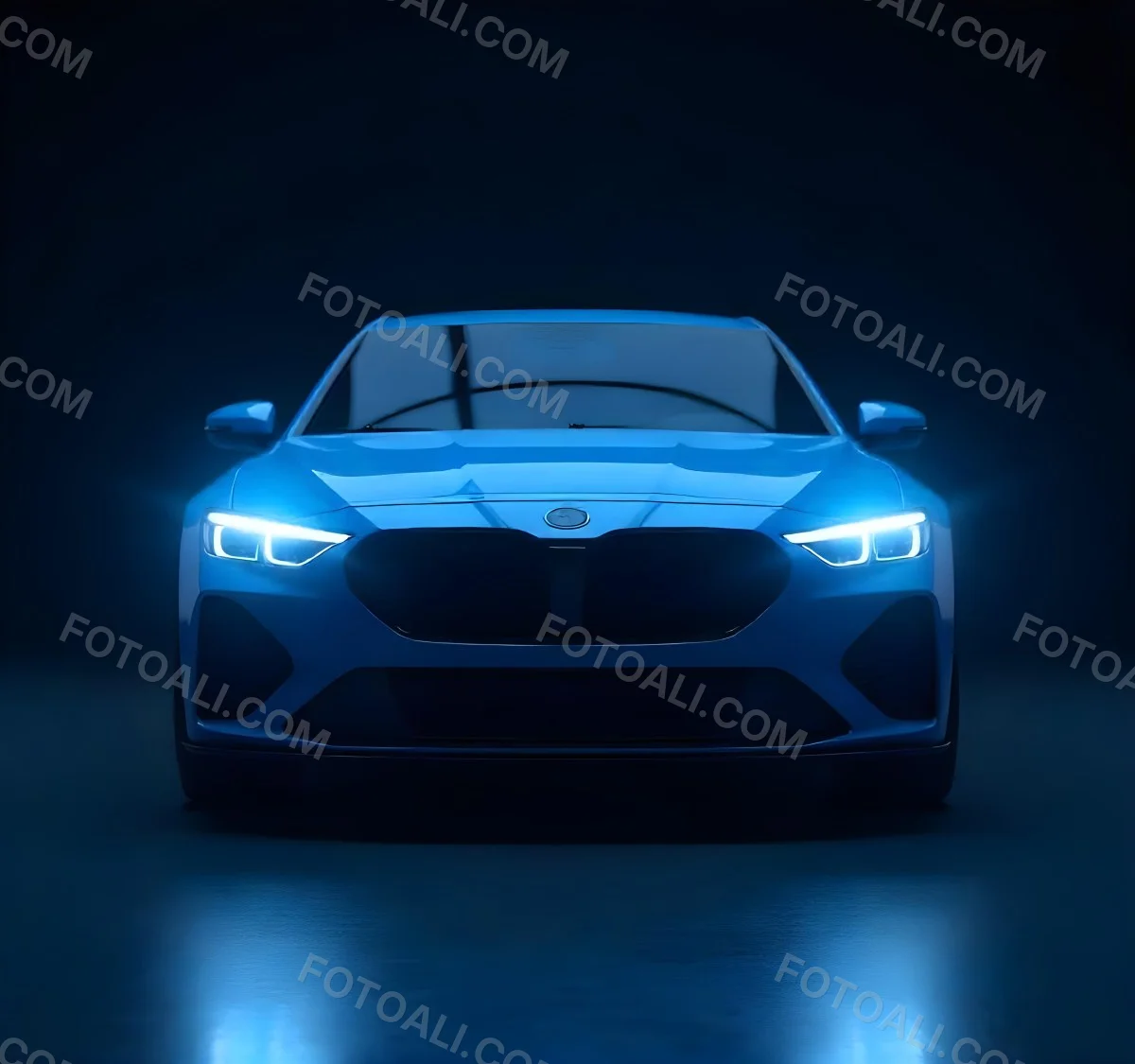 A Blue Car With Its Headlights On In A Dark Background The Headlights Are Bright And Blue The Car Is Facing Forward 22 0d6f
