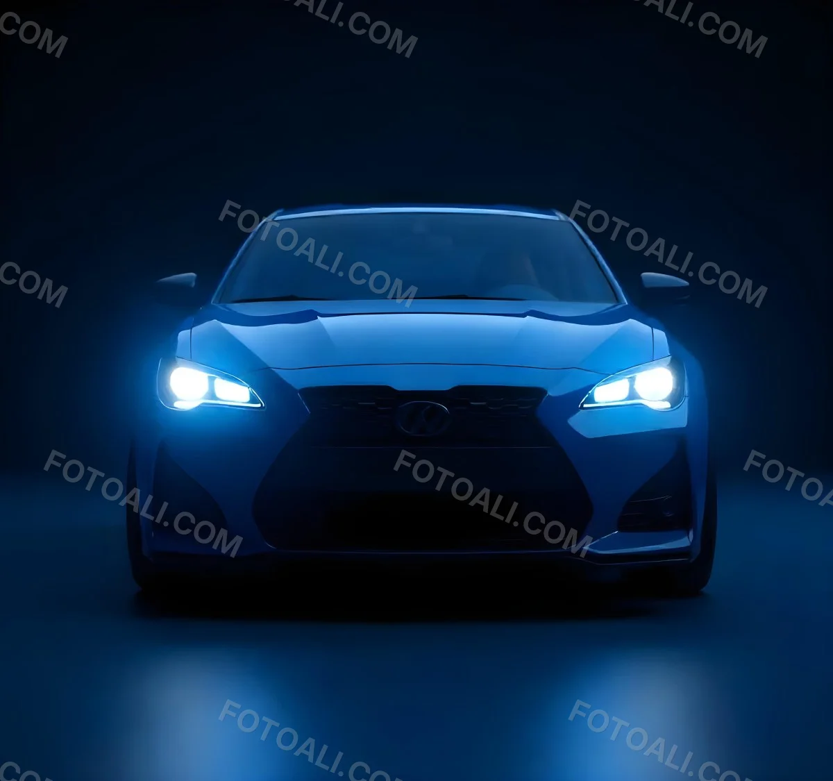 A Blue Car With Its Headlights On In A Dark Background The Headlights Are Bright And Blue The Car Is Facing Forward 24 A146