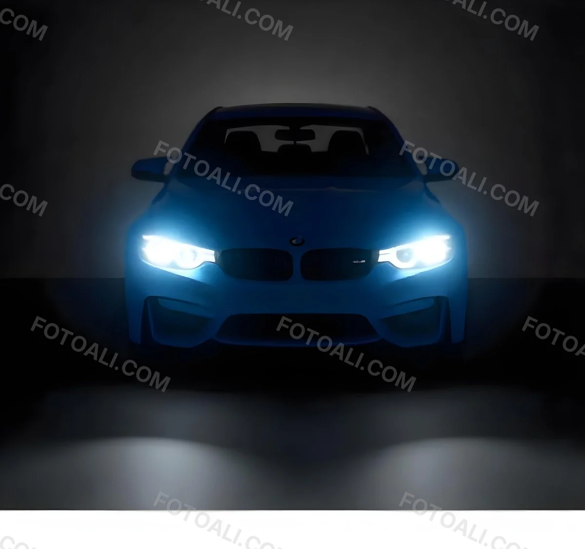 A Blue Car With Its Headlights On In A Dark Background The Headlights Are Bright And Blue The Car Is Facing Forward 26 C936