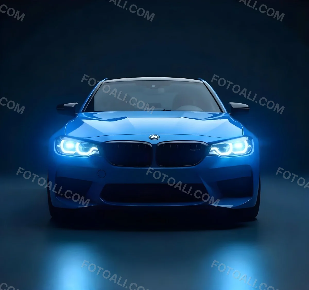 A Blue Car With Its Headlights On In A Dark Background The Headlights Are Bright And Blue The Car Is Facing Forward 28 3fdd
