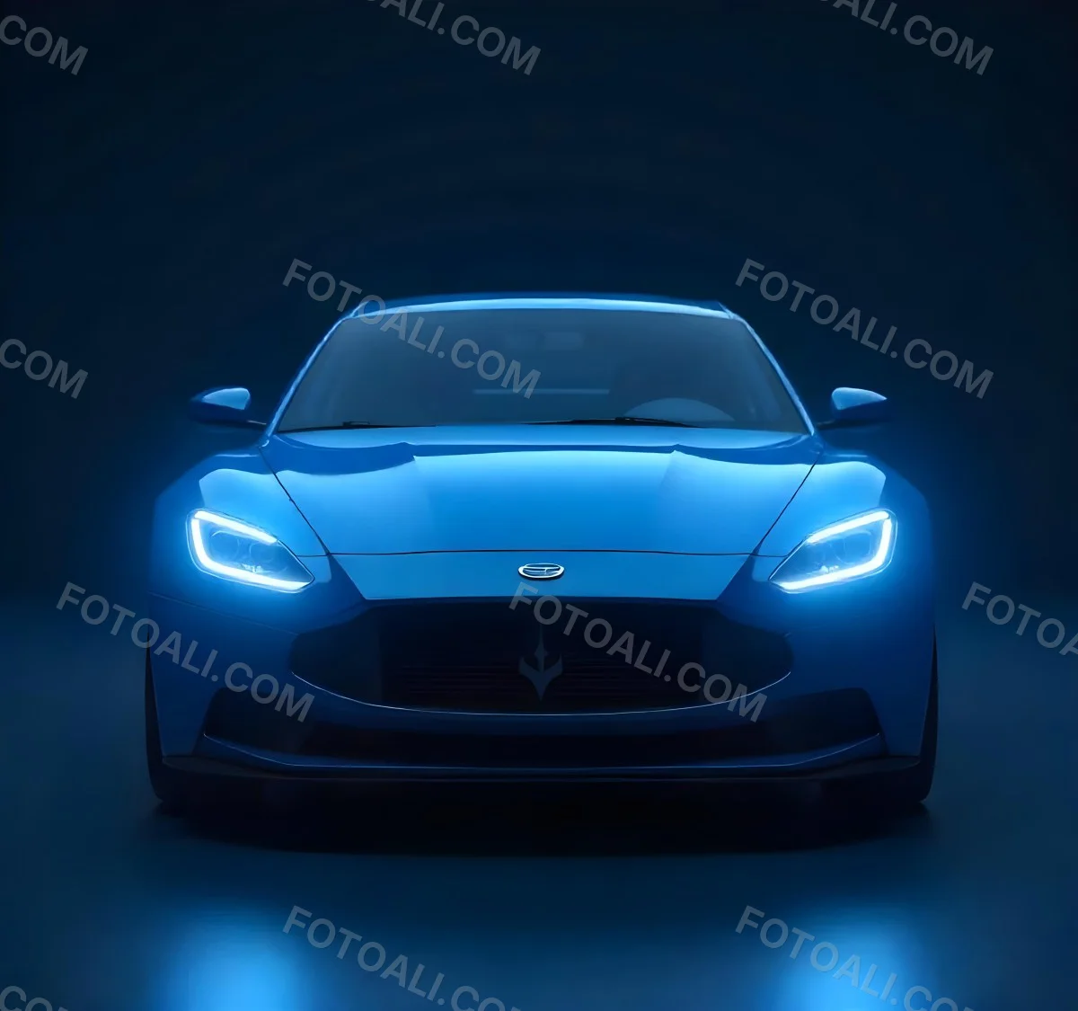 A Blue Car With Its Headlights On In A Dark Background The Headlights Are Bright And Blue The Car Is Facing Forward 29 7dfa