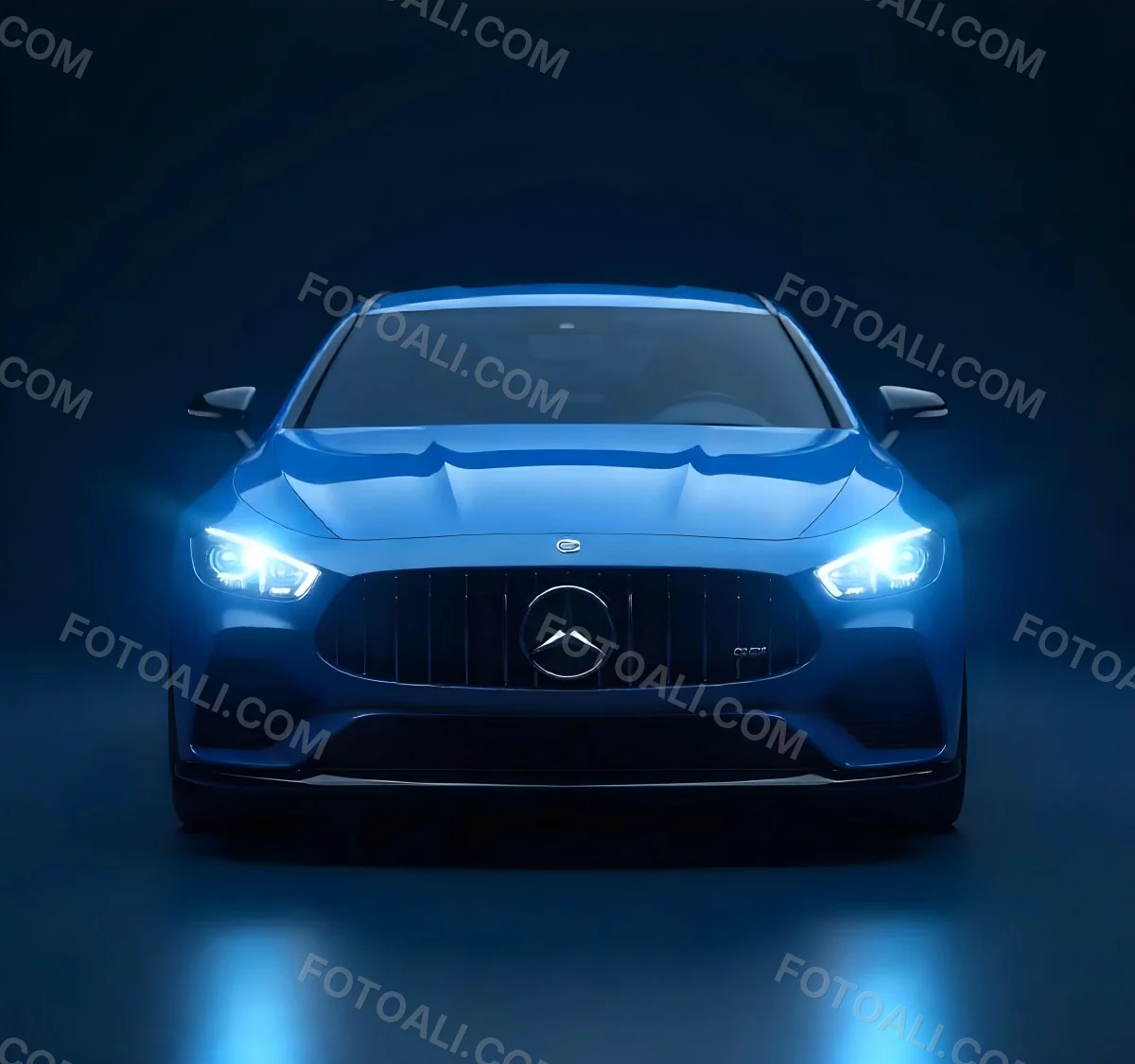 A Blue Car With Its Headlights On In A Dark Background The Headlights Are Bright And Blue The Car Is Facing Forward 32 276e