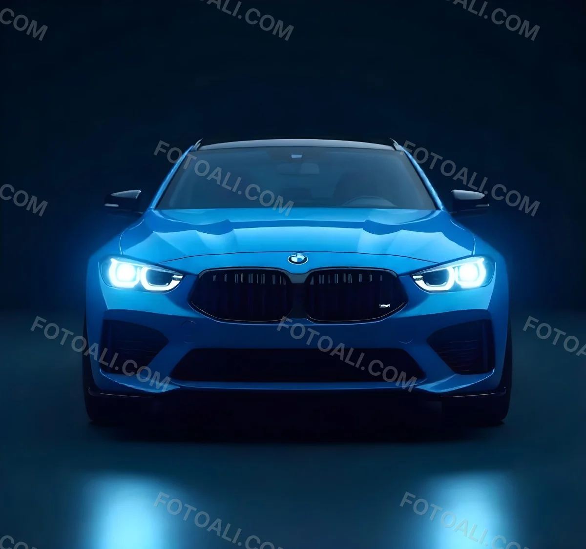 A Blue Car With Its Headlights On In A Dark Background The Headlights Are Bright And Blue The Car Is Facing Forward 5 6668