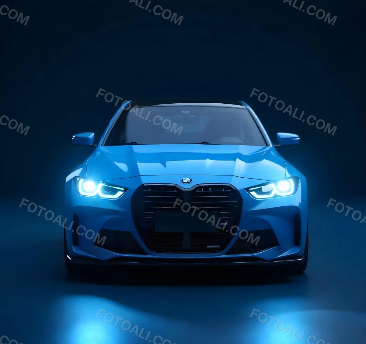 A Blue Car With Its Headlights On In A Dark Background The Headlights Are Bright And Blue The Car Is Facing Forward 7 E81d