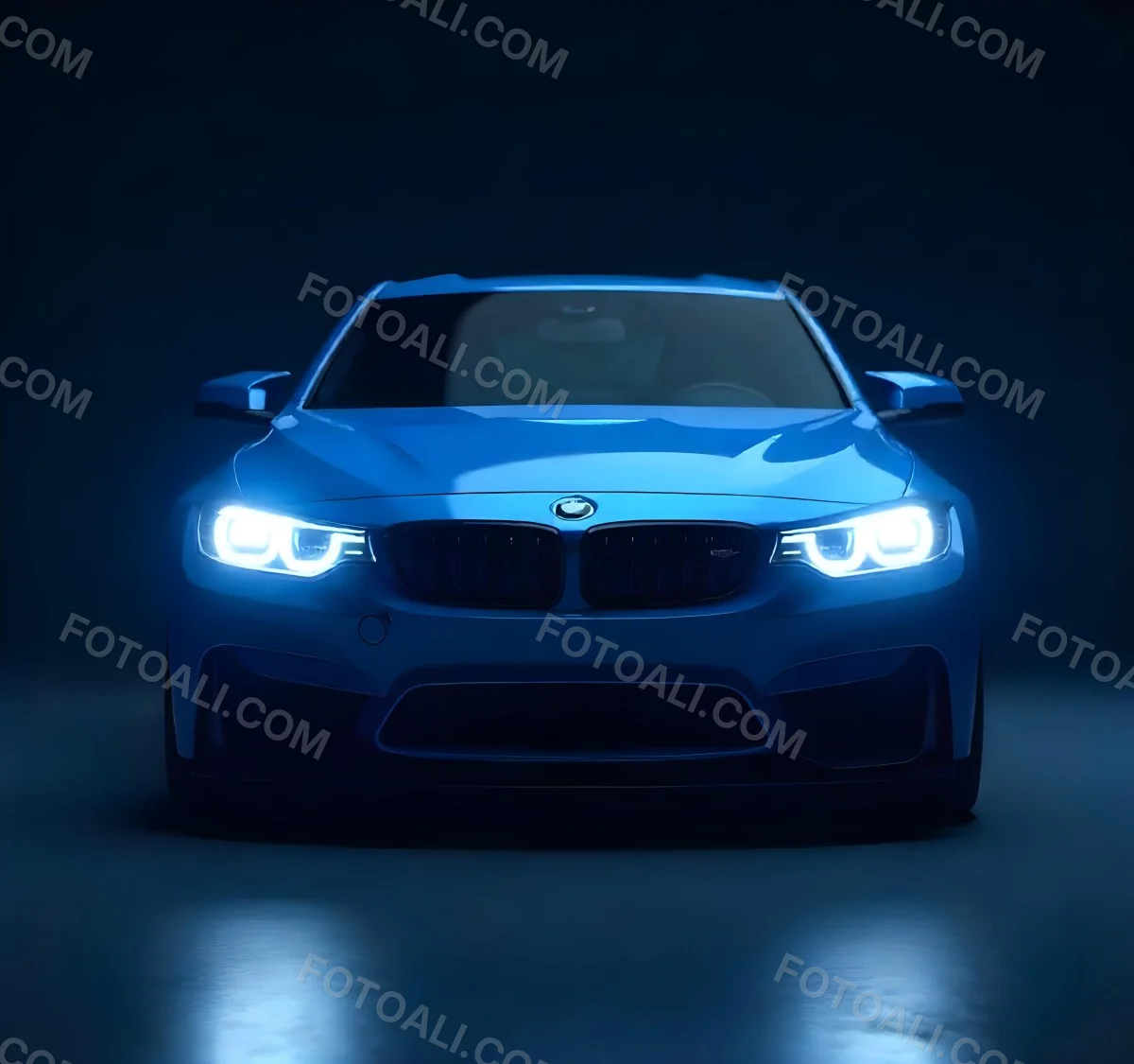 A Blue Car With Its Headlights On In A Dark Background The Headlights Are Bright And Blue The Car Is Facing Forward 9 475c