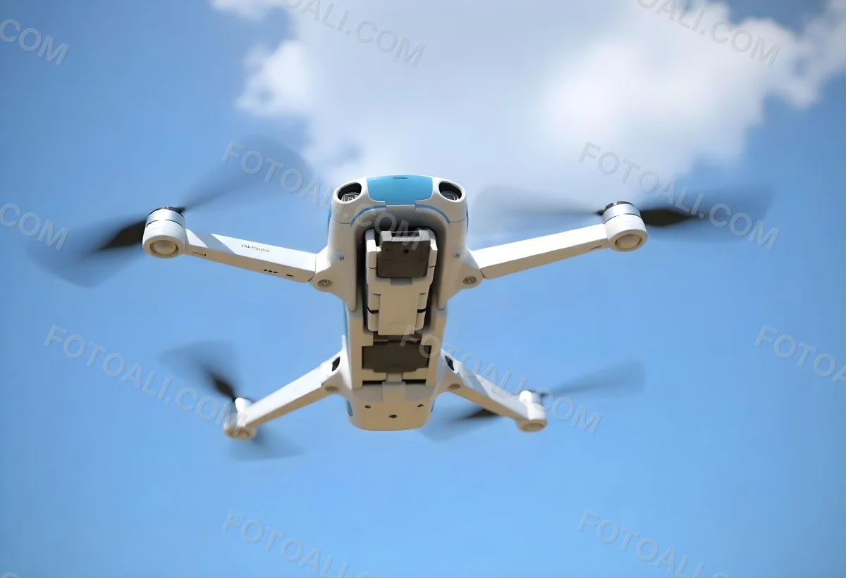 A Blue Dji Mini 3 Pro Drone With Blue Propellers In Mid Air Against A Bright Blue Sky With Scattered White Clouds 14 B562