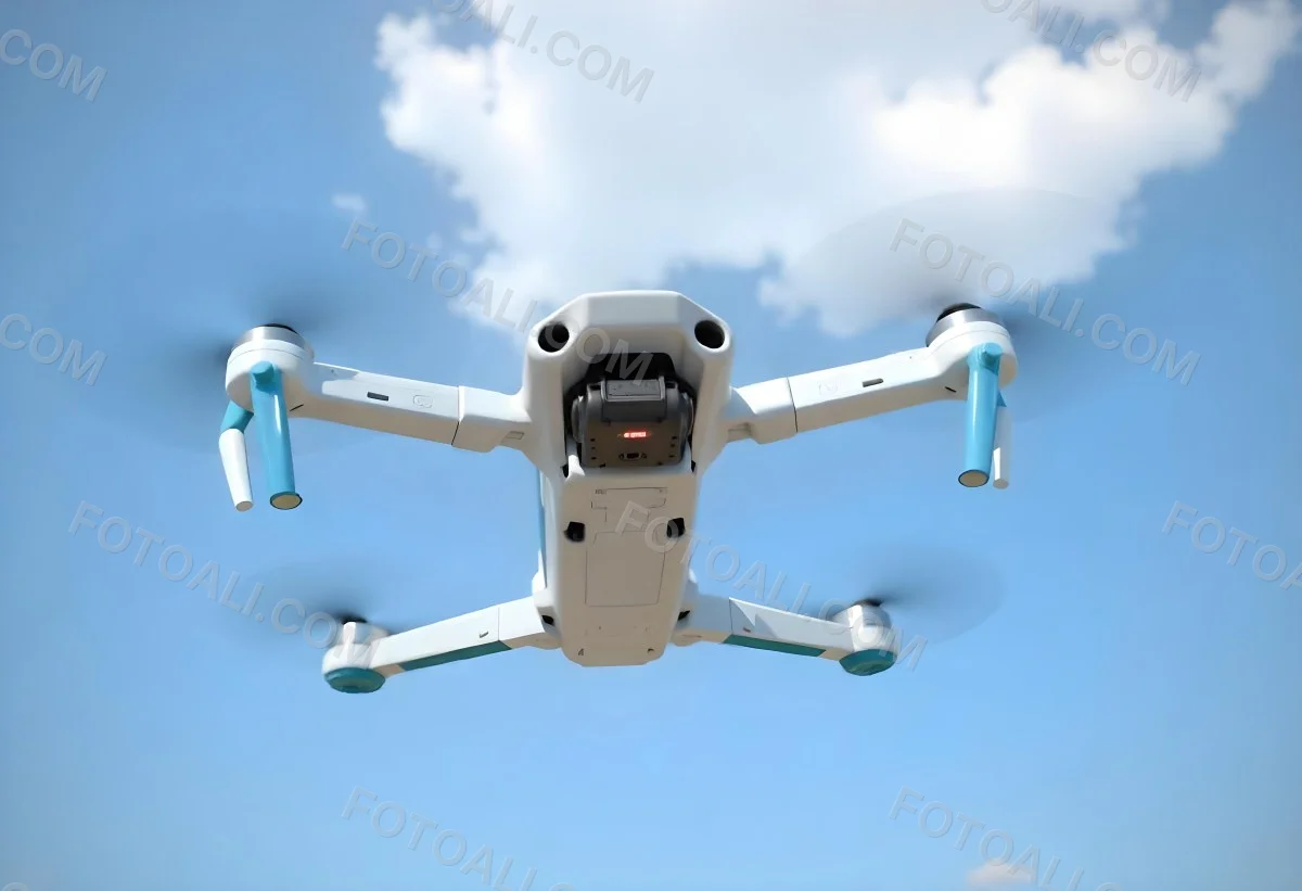 A Blue Dji Mini 3 Pro Drone With Blue Propellers In Mid Air Against A Bright Blue Sky With Scattered White Clouds 15 754b