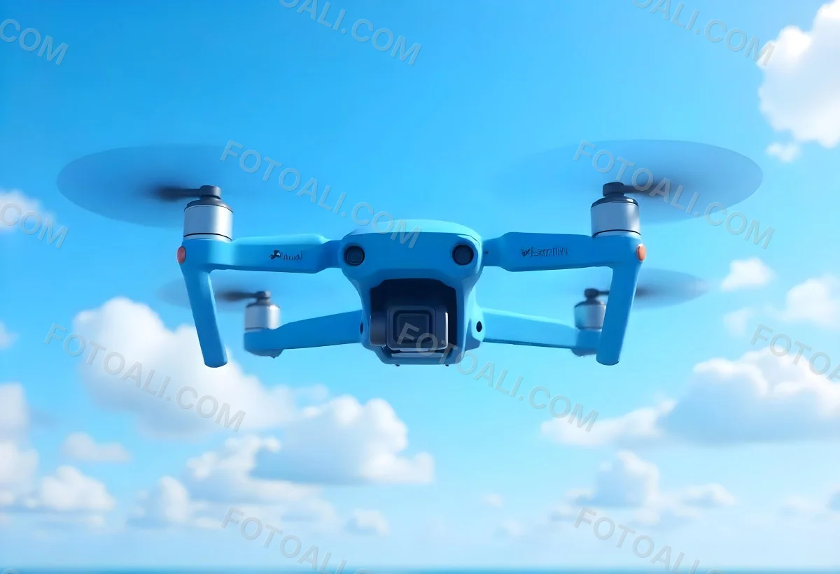 A Blue Dji Mini 3 Pro Drone With Blue Propellers In Mid Air Against A Bright Blue Sky With Scattered White Clouds 2 A435