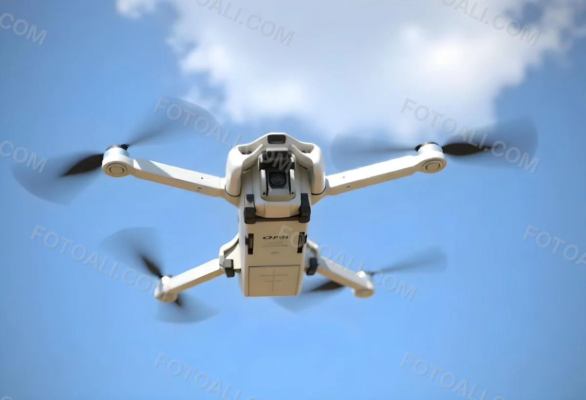 A Blue Dji Mini 3 Pro Drone With Blue Propellers In Mid Air Against A Bright Blue Sky With Scattered White Clouds 4 B6d8