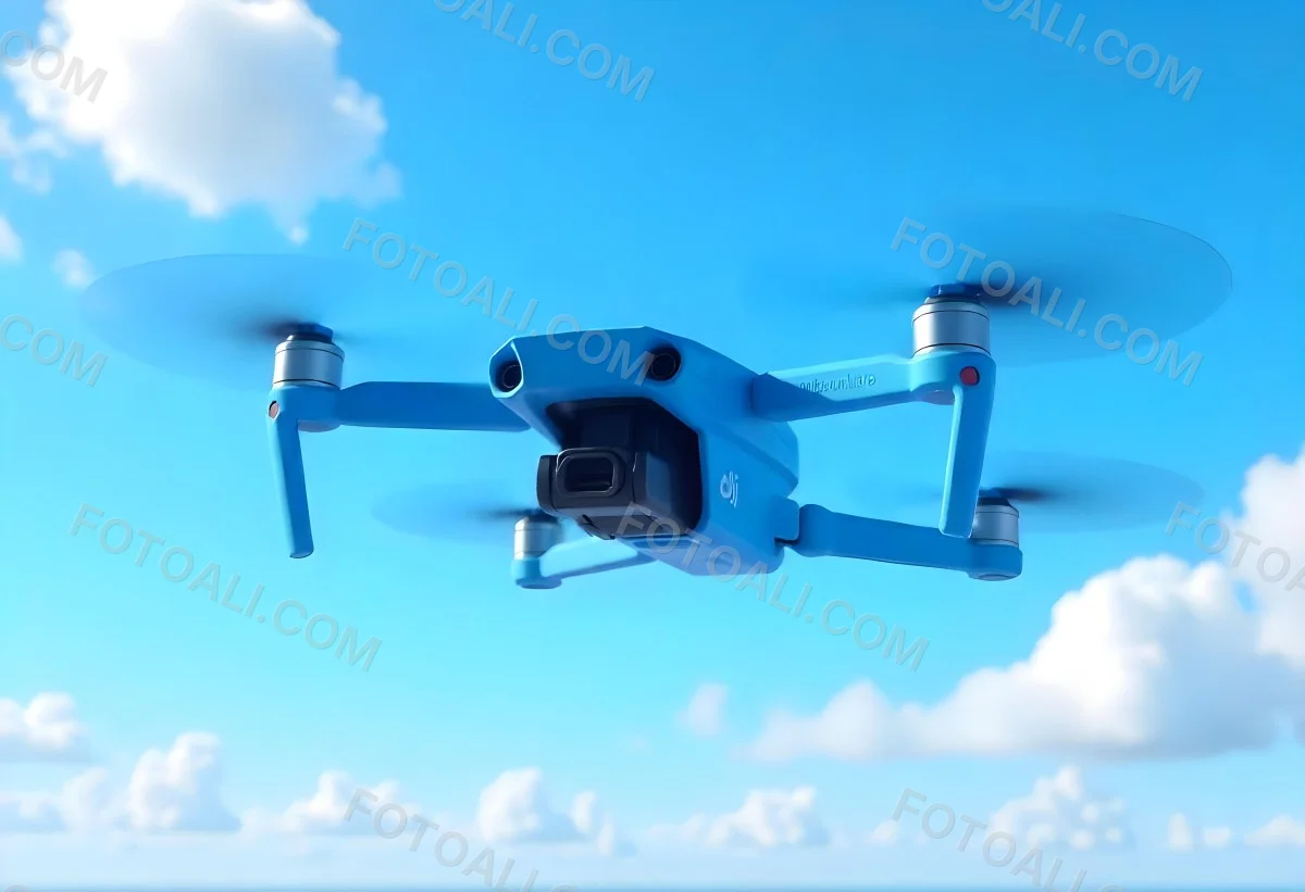 A Blue Dji Mini 3 Pro Drone With Blue Propellers In Mid Air Against A Bright Blue Sky With Scattered White Clouds 40 7cb5