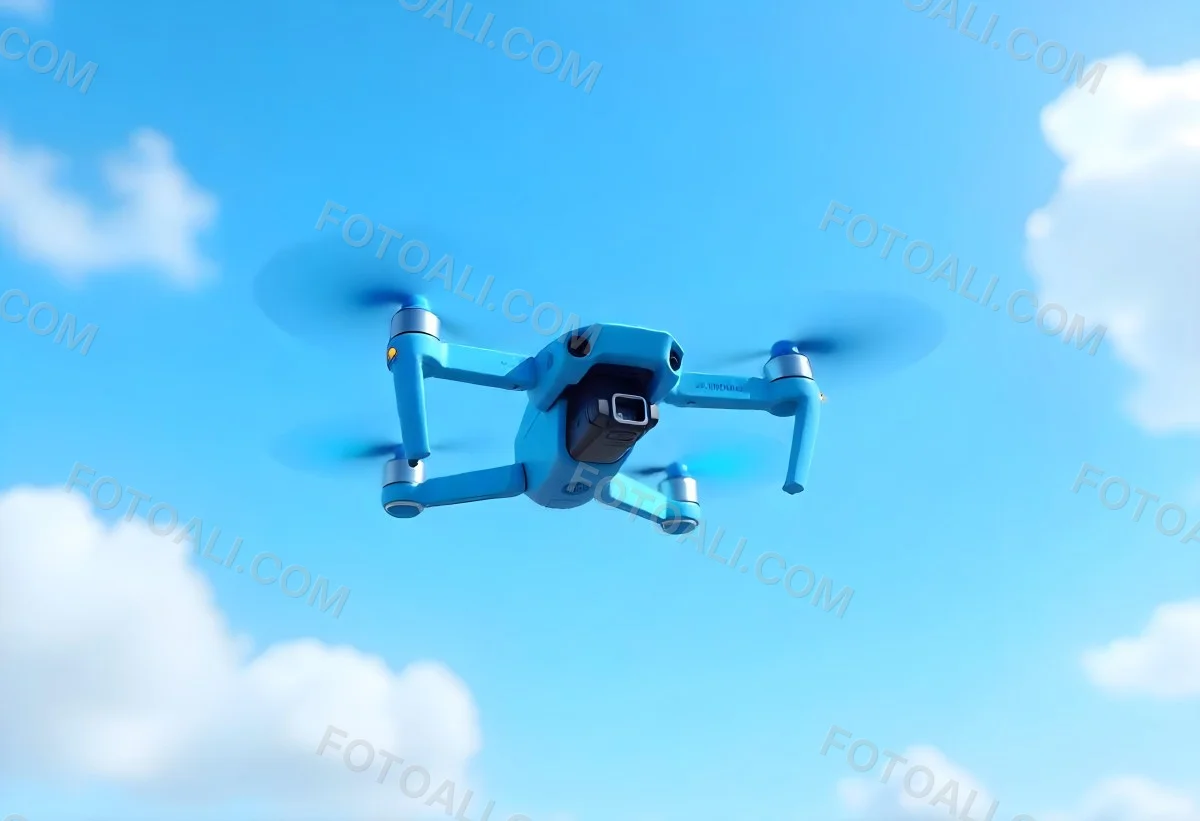 A Blue Dji Mini 3 Pro Drone With Blue Propellers In Mid Air Against A Bright Blue Sky With Scattered White Clouds 5 264d