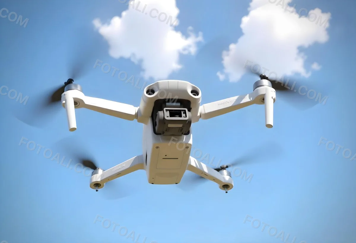 A Blue Dji Mini 3 Pro Drone With Blue Propellers In Mid Air Against A Bright Blue Sky With Scattered White Clouds 7 347b