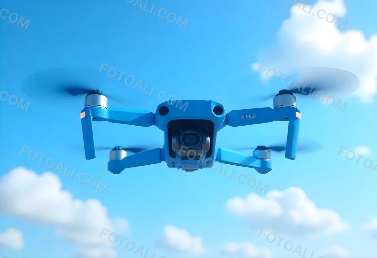 A Blue Dji Mini 3 Pro Drone With Blue Propellers In Mid Air Against A Bright Blue Sky With Scattered White Clouds 9 Aa5f
