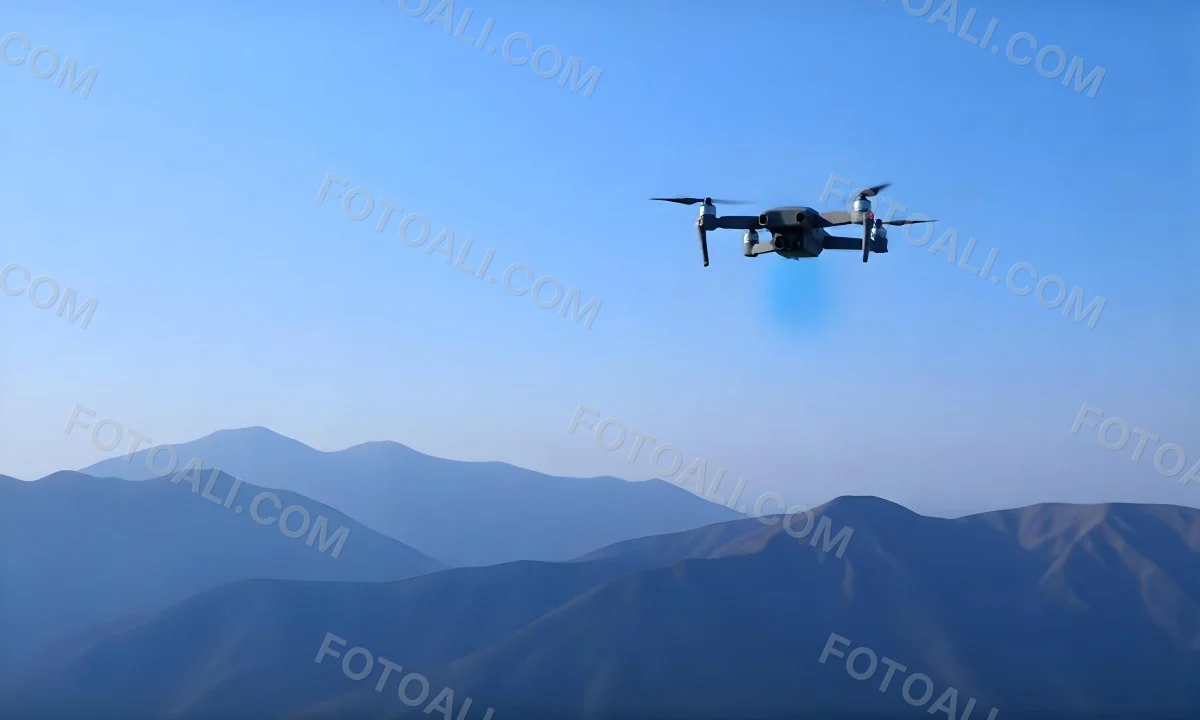 A Blue Drone Flying Over The Mountains With Mountains In The Background And A Clear Blue Sky 11 558f