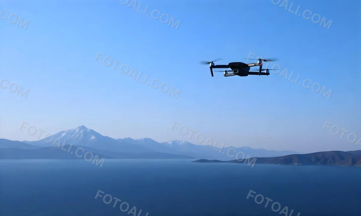 A Blue Drone Flying Over The Mountains With Mountains In The Background And A Clear Blue Sky 15 A6a4