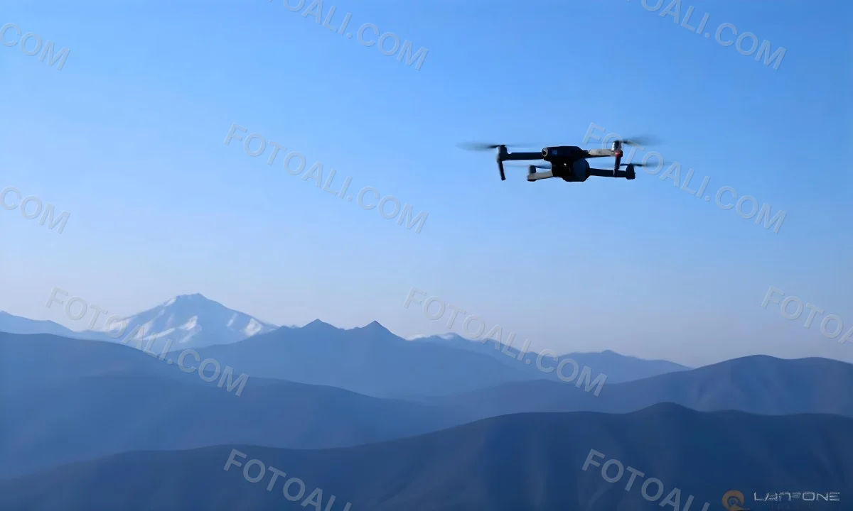 A Blue Drone Flying Over The Mountains With Mountains In The Background And A Clear Blue Sky 20 8317