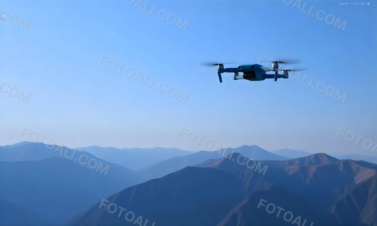 A Blue Drone Flying Over The Mountains With Mountains In The Background And A Clear Blue Sky 21 67da