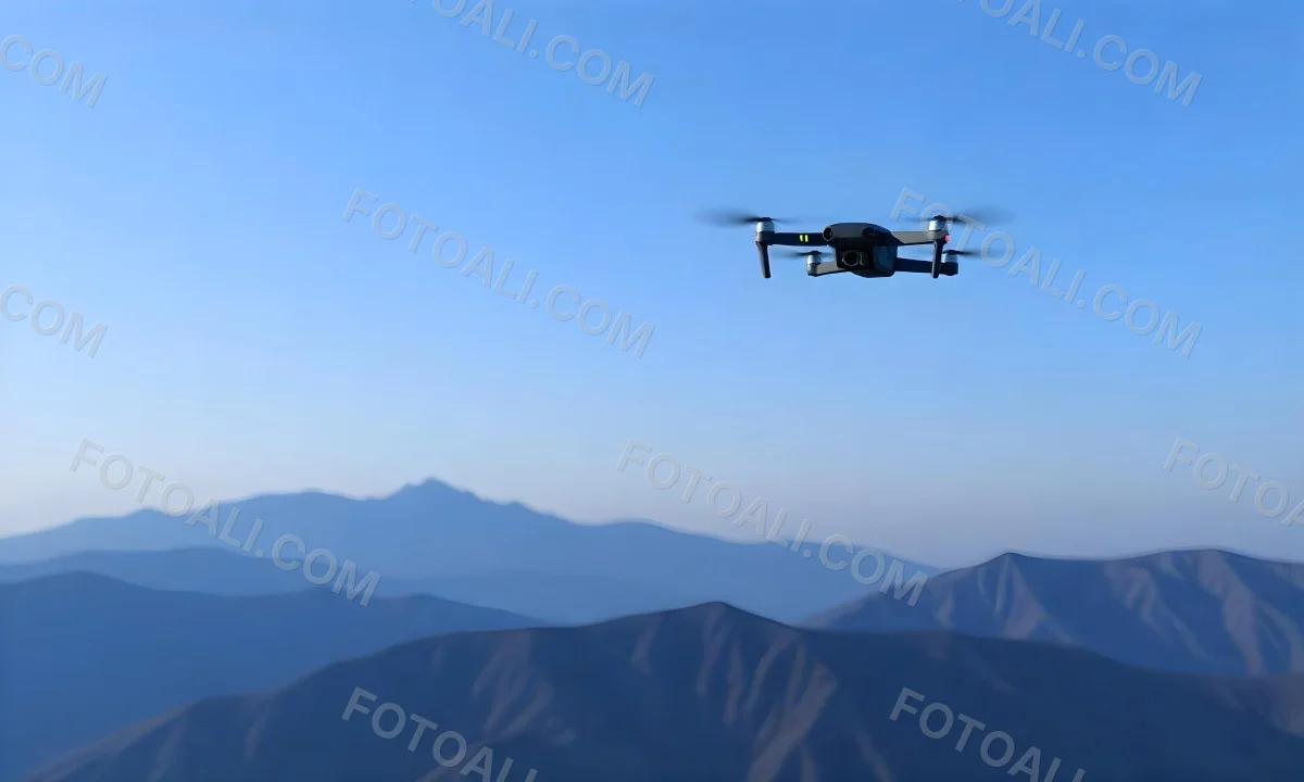 A Blue Drone Flying Over The Mountains With Mountains In The Background And A Clear Blue Sky 22 1785