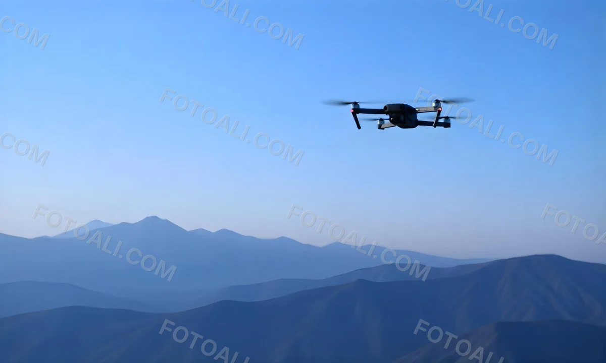 A Blue Drone Flying Over The Mountains With Mountains In The Background And A Clear Blue Sky 23 954b