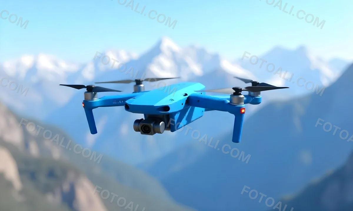 A Blue Drone Flying Over The Mountains With Mountains In The Background And A Clear Blue Sky 3 10b6