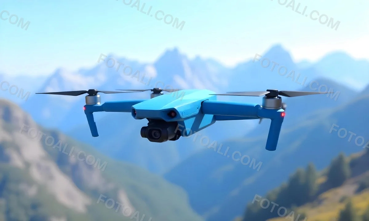 A Blue Drone Flying Over The Mountains With Mountains In The Background And A Clear Blue Sky 4 Ae3a