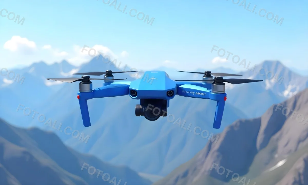 A Blue Drone Flying Over The Mountains With Mountains In The Background And A Clear Blue Sky 5 3df9