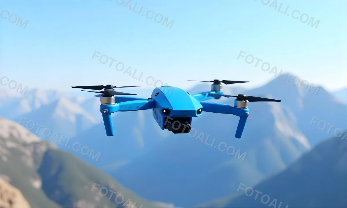 A Blue Drone Flying Over The Mountains With Mountains In The Background And A Clear Blue Sky 6 2c95