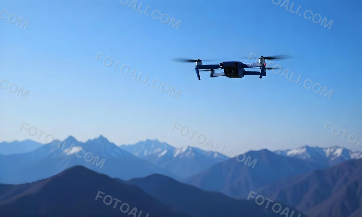 A Blue Drone Flying Over The Mountains With Mountains In The Background And A Clear Blue Sky 8 4c08