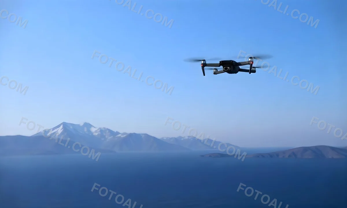 A Blue Drone Flying Over The Mountains With Mountains In The Background And A Clear Blue Sky 9 C160