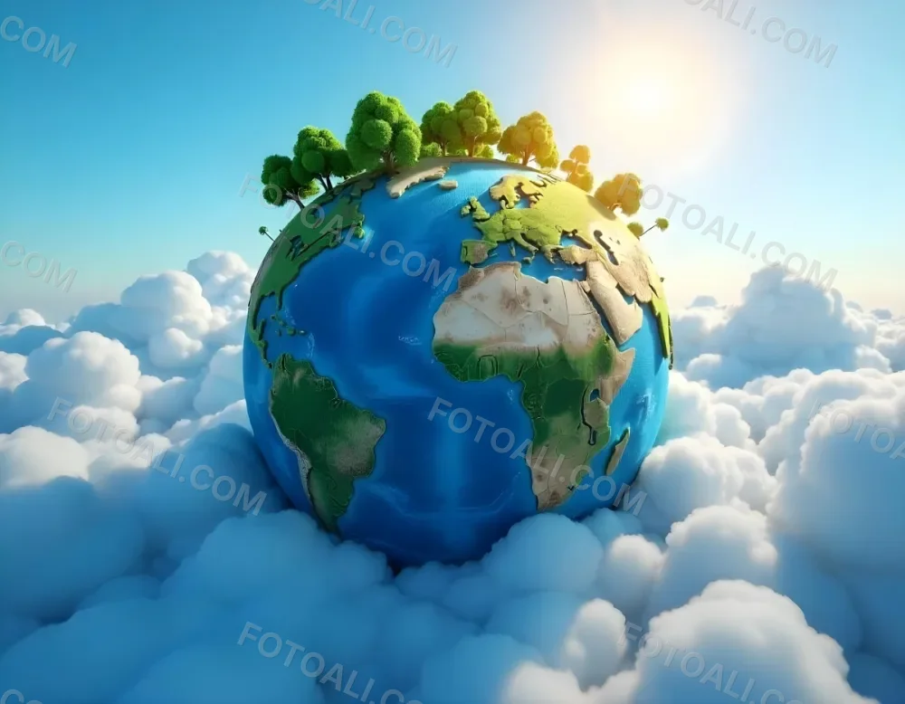 A Blue Earth With Trees On Top Of Clouds Blue Sky With Sun Rays Bright Colors Detailed High Resolution Global Warming Concept 11 4a0d