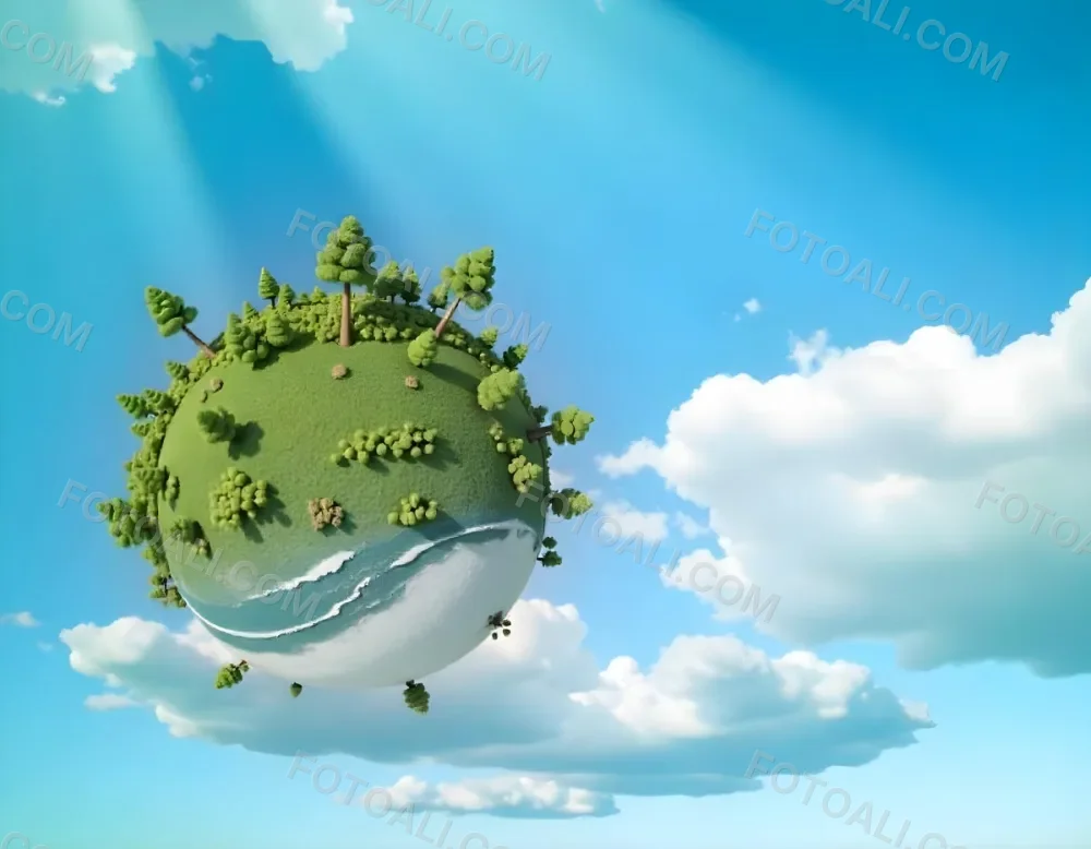 A Blue Earth With Trees On Top Of Clouds Blue Sky With Sun Rays Bright Colors Detailed High Resolution Global Warming Concept 17 6f13