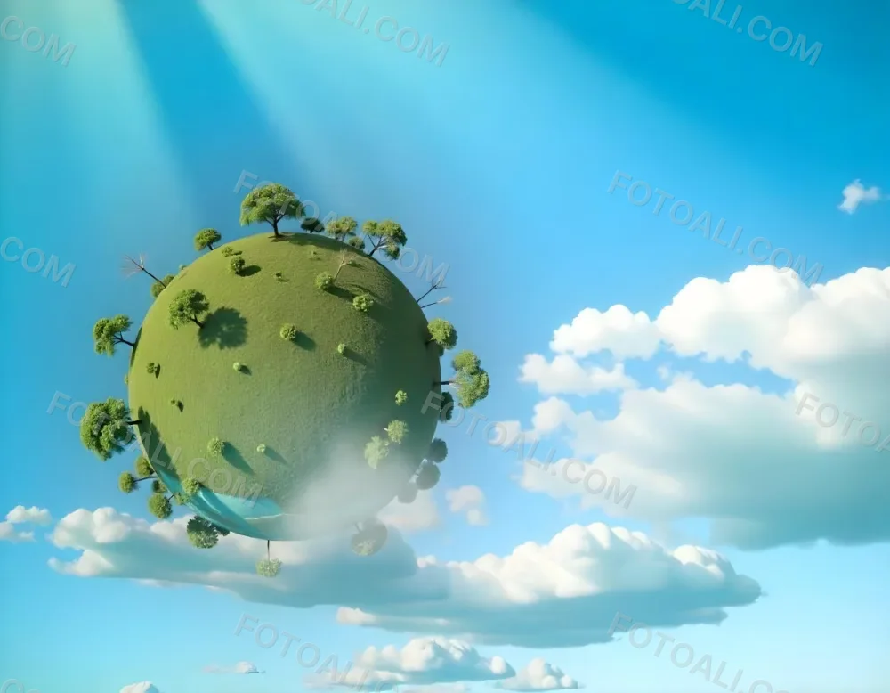A Blue Earth With Trees On Top Of Clouds Blue Sky With Sun Rays Bright Colors Detailed High Resolution Global Warming Concept 20 4eec
