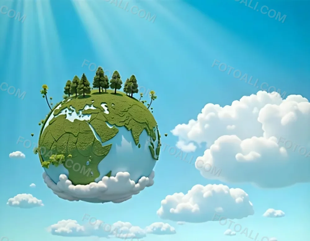 A Blue Earth With Trees On Top Of Clouds Blue Sky With Sun Rays Bright Colors Detailed High Resolution Global Warming Concept 24 6d38
