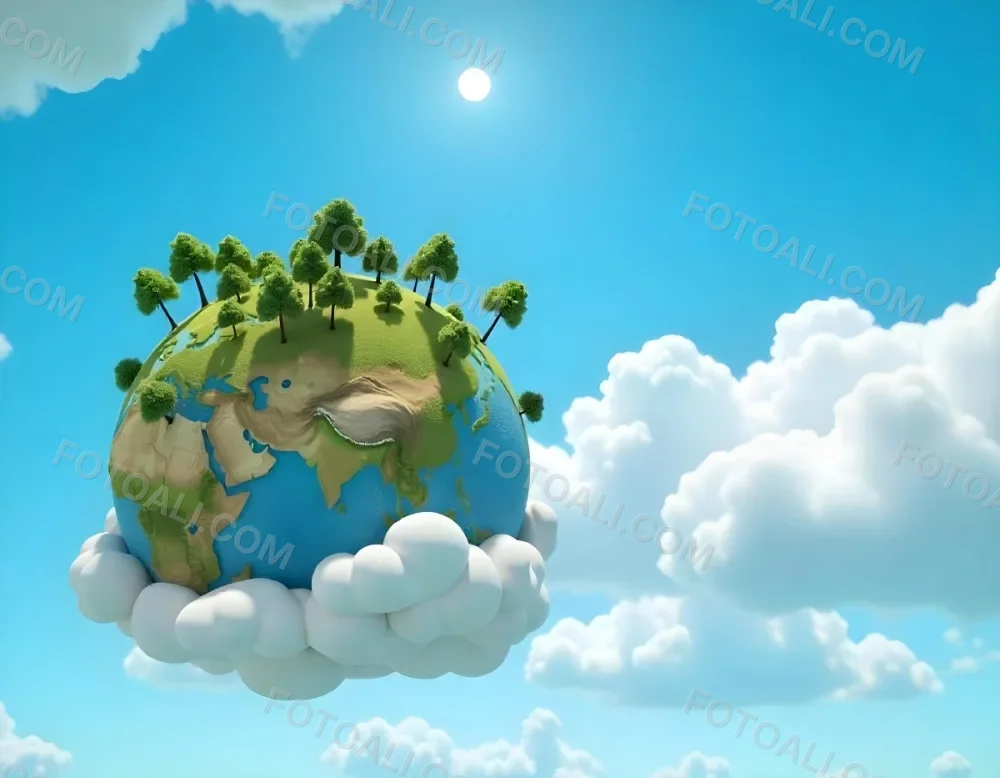 A Blue Earth With Trees On Top Of Clouds Blue Sky With Sun Rays Bright Colors Detailed High Resolution Global Warming Concept 37 2f1d