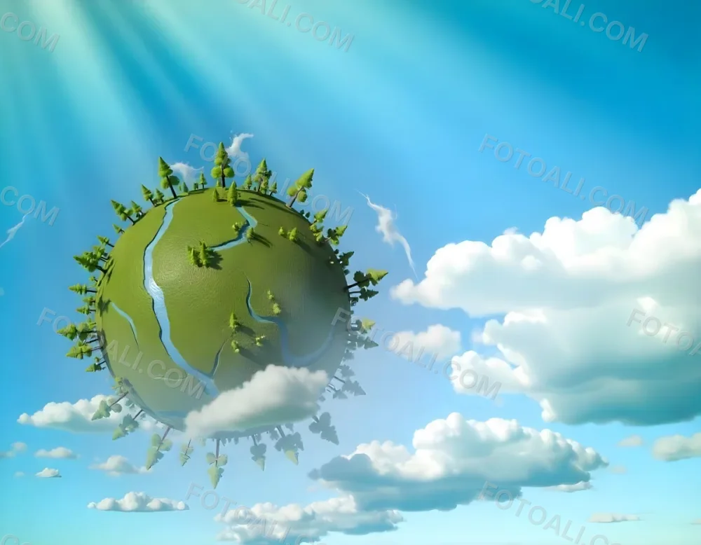 A Blue Earth With Trees On Top Of Clouds Blue Sky With Sun Rays Bright Colors Detailed High Resolution Global Warming Concept 4 138d