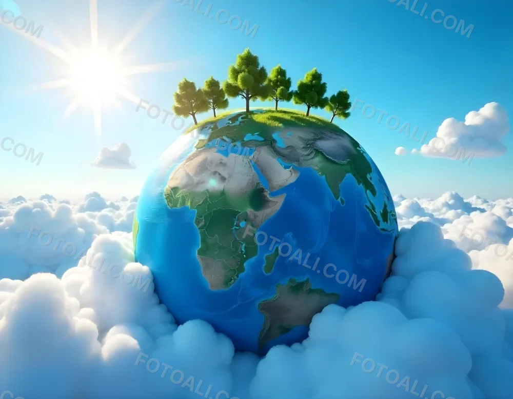 A Blue Earth With Trees On Top Of Clouds Blue Sky With Sun Rays Bright Colors Detailed High Resolution Global Warming Concept 7 F6e7