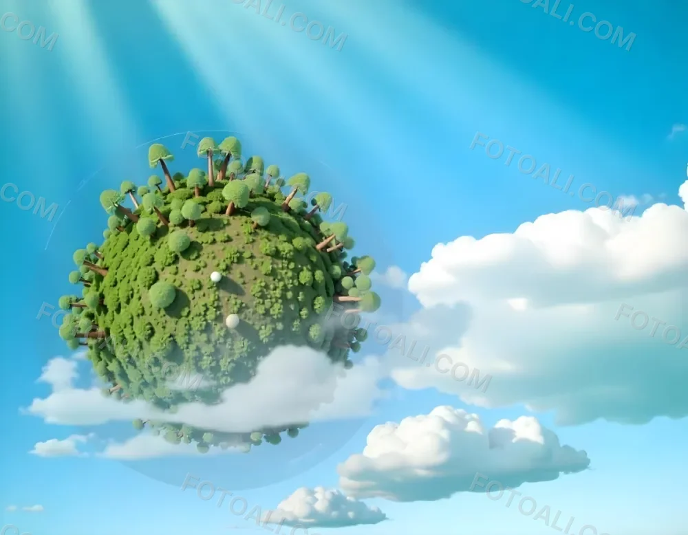A Blue Earth With Trees On Top Of Clouds Blue Sky With Sun Rays Bright Colors Detailed High Resolution Global Warming Concept 9 C098