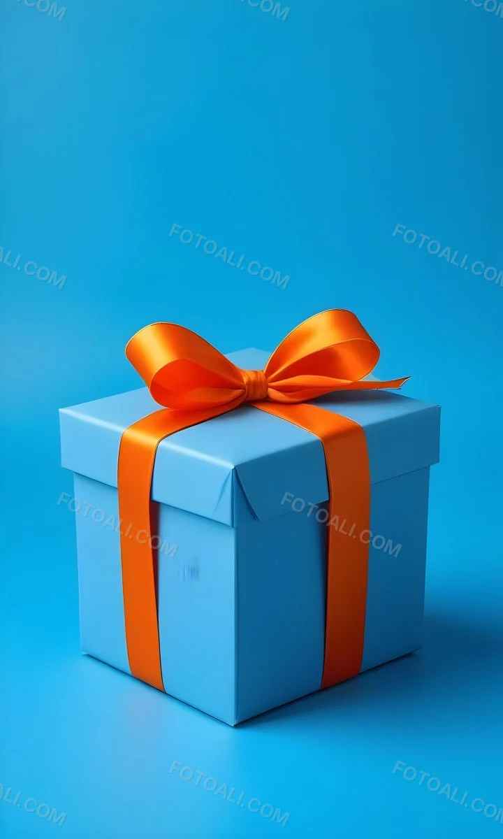 A Blue Gift Box With An Orange Ribbon On A Blue Background The Ribbon Is Tied In A Bow On Top Of The Box 11 8fa9